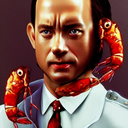 Image similar to tom hanks as forrest gump wears a giant shrimp around the neck, photorealistic, cgsociety, artstation