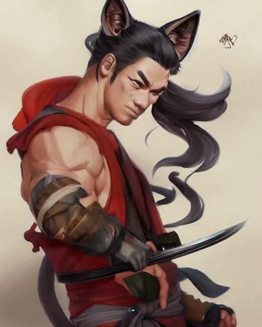 Image similar to A handsome, muscular man with fox ears and a katana wearing a kimono, portrait, bishounen, visualartzi, Japanese, concept art by Karla Ortiz, James Paick, Charlie Bowater, Krenz Cushart, highly detailed, ultra detailed, ultra realistic, trending on artstation, cgstudio