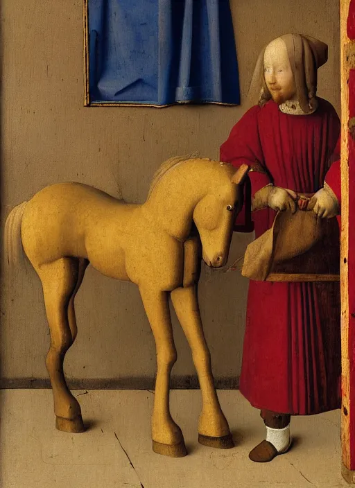 Image similar to wooden horse toy, medieval painting by jan van eyck, johannes vermeer, florence