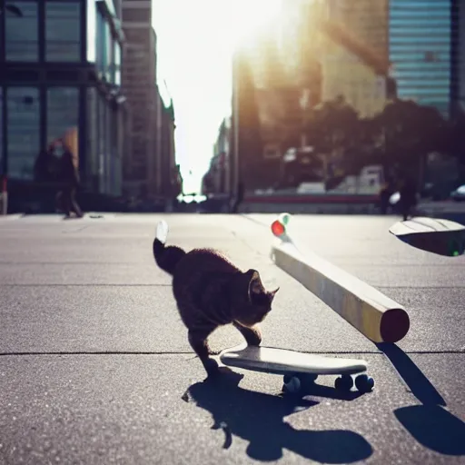 Image similar to photo cat rides on skateboard in big city