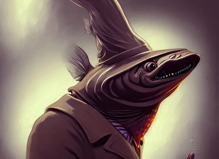 Image similar to a anthropomorphic salmon wearing a detective outfit, diffuse lighting, fantasy, film noir vibes, intricate, elegant, highly detailed, lifelike, photorealistic, digital painting, artstation, illustration, concept art, smooth, sharp focus, art by frank frazetta and marco bucci and loish and rossdraws and artgerm and alphonse mucha