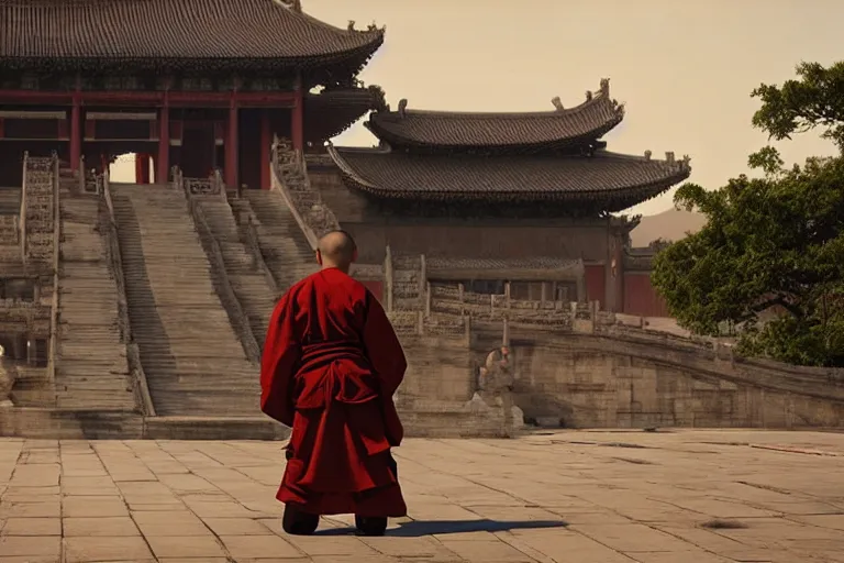 Image similar to A monkey!!! dressed as a shaolin monk, standing in front of an ancient chinese palace, cinematic lighting, artstation, greg rutkowski