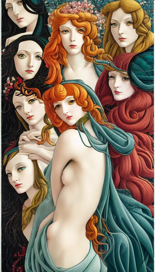 Image similar to 12 figures, representing the 4 seasons, (3 as Spring, 3 as Summer, 3 as Autumn, and 3 as Winter), in a mixed style of Botticelli and Æon Flux, inspired by pre-raphaelite paintings, shoujo manga, and cyberpunk, stunningly detailed, elaborate inking lines, pastel colors, 4K photorealistic