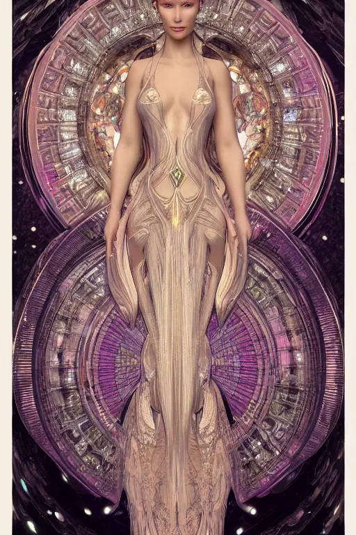 Image similar to a portrait of a beautiful ancient alien woman goddess bella hadid fairy standing in iris van herpen dress in diamonds and fractals in style of alphonse mucha art nuvo dmt trending on artstation made in unreal engine 4