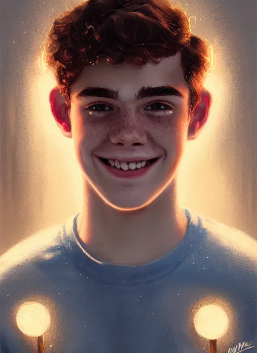 Image similar to portrait of teenage archie andrews, freckles, curly middle part haircut, curly hair, smiling kindly, intricate, elegant, glowing lights, highly detailed, digital painting, artstation, concept art, smooth, sharp focus, illustration, art by wlop, mars ravelo and greg rutkowski