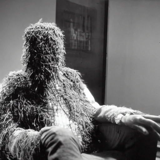 Prompt: a man wearing a ghillie suit, sitting in a waiting room, film still, arriflex 3 5