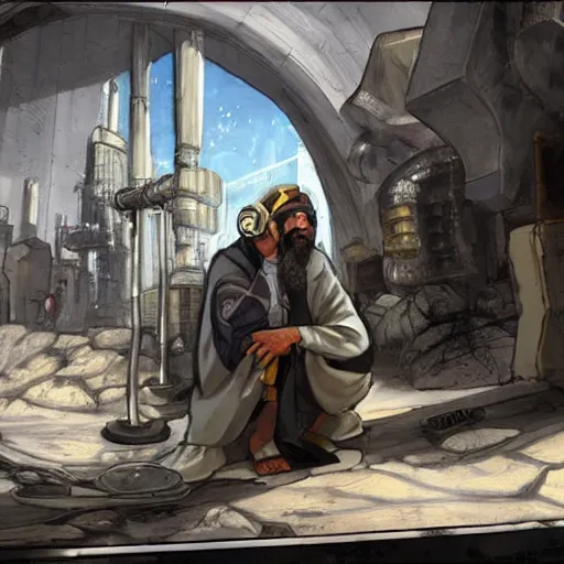 Image similar to Xerxes the Beggar priest with cyberpunk headset in a busy spaceport on Poseidon 5 colony. Gritty Concept art by James Gurney.