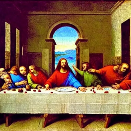 Prompt: The scene of the Last Supper of Jesus with the Twelve Apostles, the moment after Jesus announces that one of his apostles will betray him. Oil painting by Leonardo da Vinci, 1495.