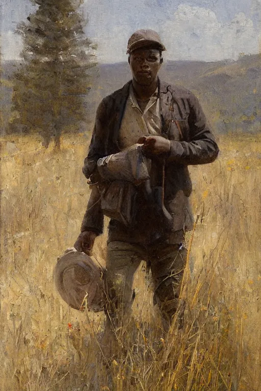 Image similar to Solomon Joseph Solomon and Richard Schmid and Jeremy Lipking painting full length portrait painting of a young man going to work in the field