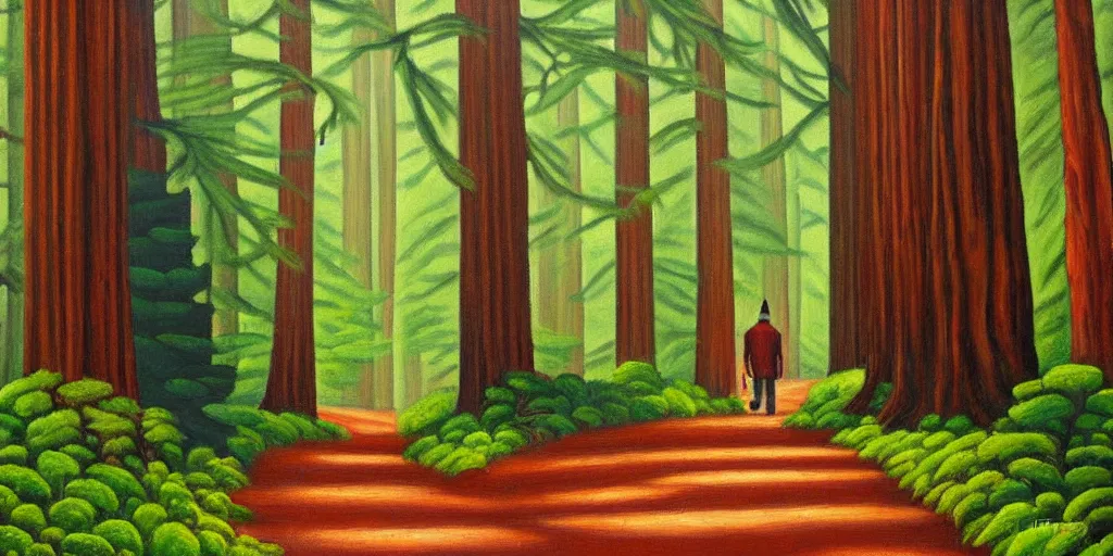 Image similar to a stunning wpa style painting of a man walking down a path in a redwood forest, award winning art