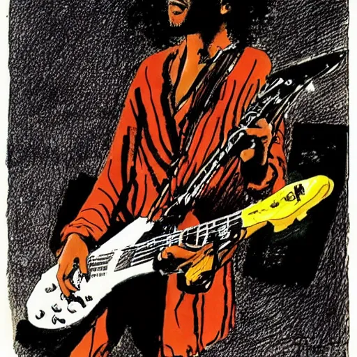 Prompt: Jimy Hendrix playing by Sergio Toppi