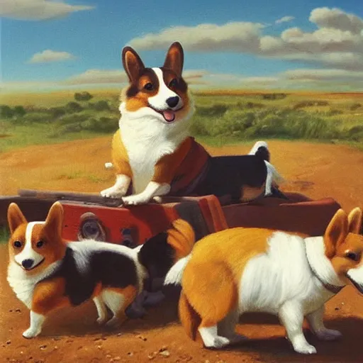 Prompt: “ corgi stampede on the frontier, cowboy, oil painting ”