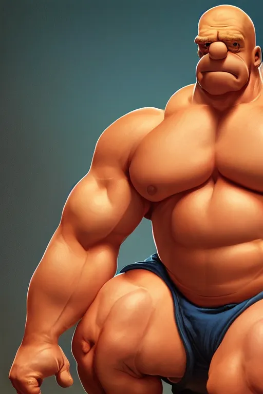 Image similar to upper body portrait of a hulking bulky swole steroids musclebound huge bodybuilder muscular herculean chiseled homer simpson, cinematic lighting, photorealistic, octane render, 8 k, depth of field, 3 d, art by artgerm and greg rutkowski and alphonse mucha and uang guangjian and gil elvgren and sachin ten