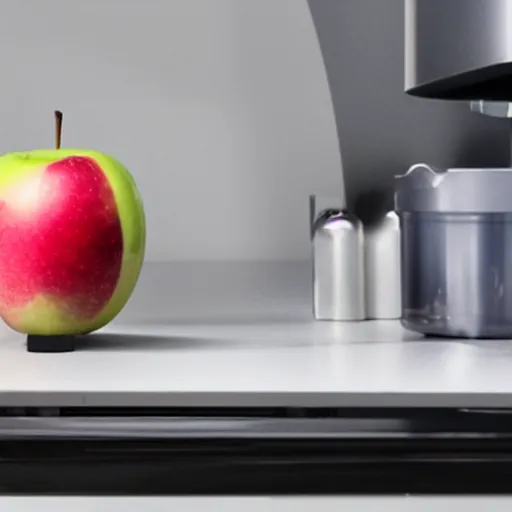 Prompt: A home nanotech appliance halfway through fabricating an apple