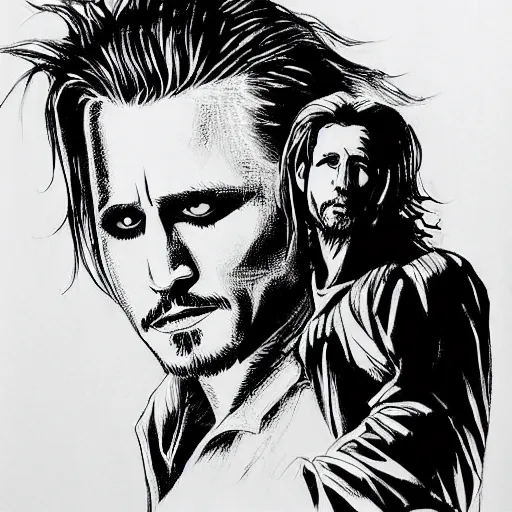 Image similar to black and white pen and ink!!!!!!! Johnny Depp x Ryan Gosling wearing cosmic space robes made of stars final form flowing royal hair golden!!!! Vagabond!!!!!!!! floating magic swordsman!!!! glides through a beautiful!!!!!!! Camellia flower battlefield dramatic esoteric!!!!!! Long hair flowing dancing illustrated in high detail!!!!!!!! by Moebius and Hiroya Oku!!!!!!!!! graphic novel published on 2049 award winning!!!! full body portrait!!!!! action exposition manga panel black and white Shonen Jump issue by David Lynch eraserhead and beautiful line art Hirohiko Araki!! Rossetti, Millais, Mucha, Jojo's Bizzare Adventure