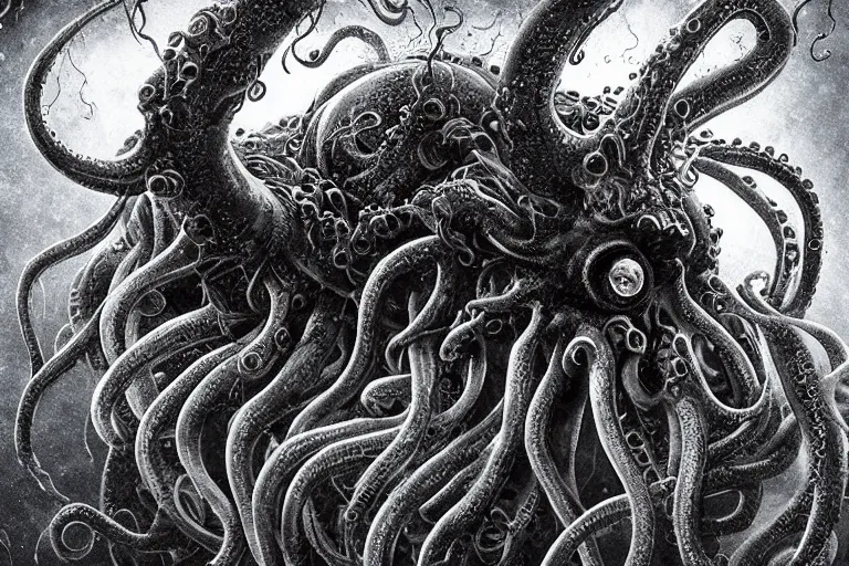 Prompt: old god eldritch horror terrifying the deep abyss of the ocean floor, epic scene, underwater photography, hyper - detailed, gigantic cthulhu, swarm of tentacles, dark art, digital art, epic composition