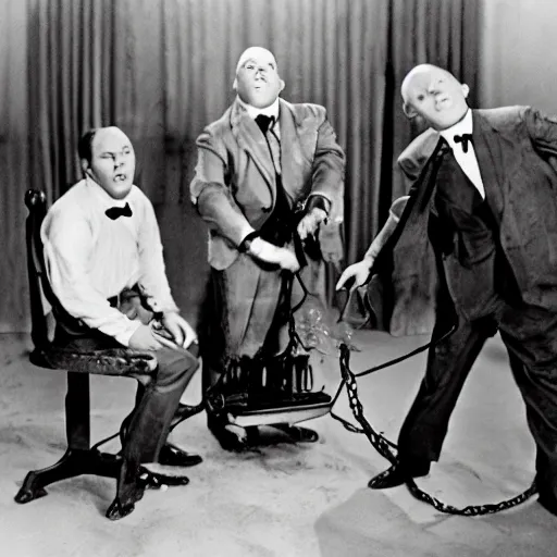 Image similar to the 3 stooges playing with an electric chair