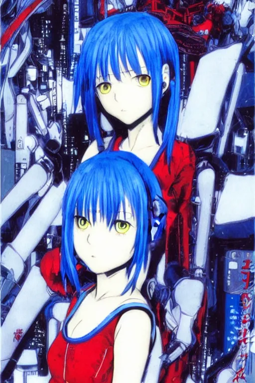 Image similar to manga cover art of a mysterious blue-haired red-eyed anime girl wearing a plugsuit, serial experiments lain, painted by tsutomu nihei