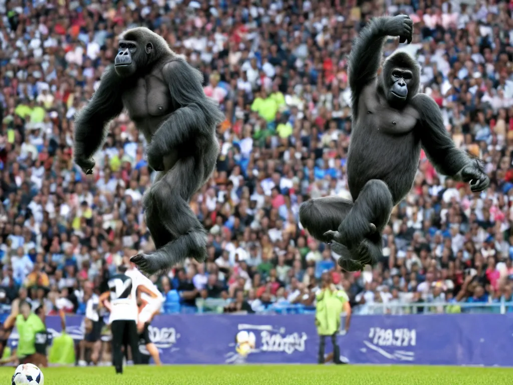 Prompt: a gorilla jumping to head the ball on a corner kick, vivid