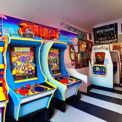 Prompt: photo of a sober styled retro arcade / cafe with 8 0 s art on the tall white walls, wide angle shot 4 k hdr