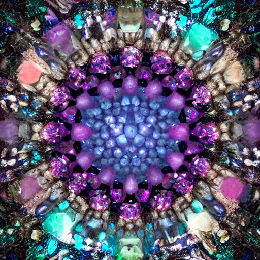 Image similar to midjourney art of a cluster of colorful gems and crystals on a black background, inside of a geode crystal cave by damien hirst and maria fortuny, featured on zbrush central, crystal cubism, made of crystals, iridescent, tesseract