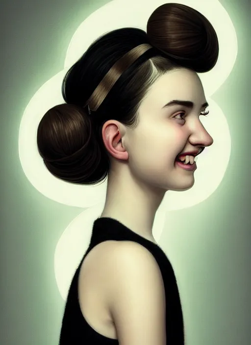 Image similar to portrait of white teenage girl, narrow face, short black hair and eyebrows, bangs, half updo hairstyle, buck toothed smile, unattractive, defined jawline, long chin, wearing hair bow, intricate, elegant, glowing lights, highly detailed, digital painting, artstation, sharp focus, illustration, art by wlop, mars ravelo and greg rutkowski