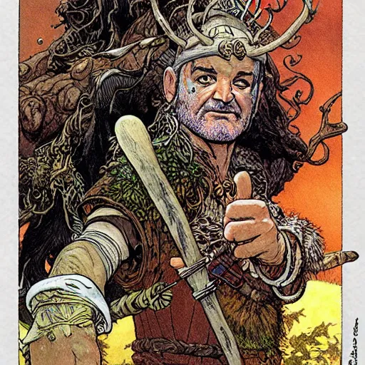 Prompt: a high fantasy closeup portrait of bill murray as a mystical druidic punk warrior giving the camera the middle finger by rebecca guay, michael kaluta, charles vess and jean moebius giraud