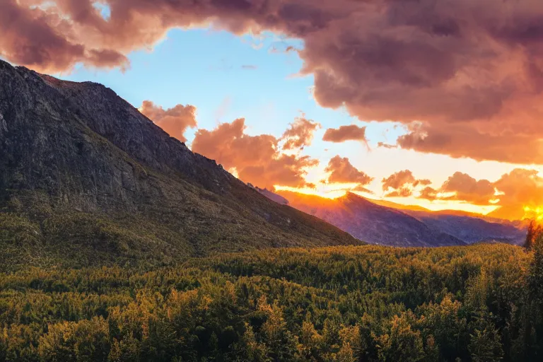 Image similar to a movie still of a mountain landscape at sunset, golden hour