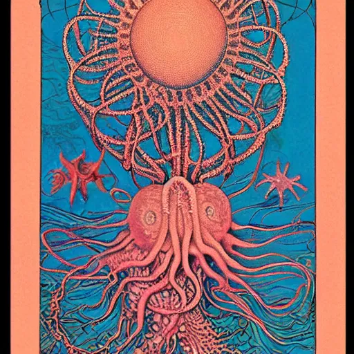 Prompt: tarot card intricate of ocean goddess by Ernst Haeckel,coral,pearls,jellyfish,vivid color