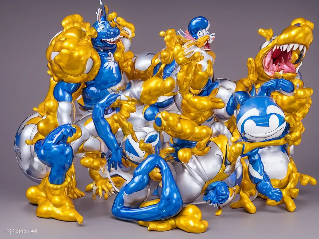 Image similar to Jeff Koons Doraemon Dorami Street Sharks Venom Galaxy Rangers Fractal Dragon statue, in the style of Hajime Sorayama, Max Fleischer, Boris Vallejo, Syd Mead