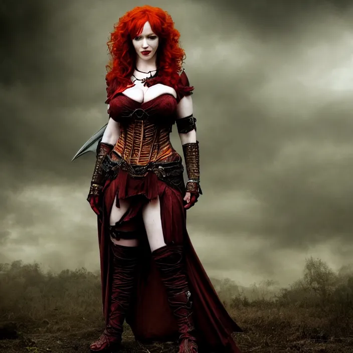 Image similar to full length photo of christina hendricks as a vampire amazon warrior, highly detailed, 4 k, hdr, smooth, sharp focus, high resolution, award - winning photo