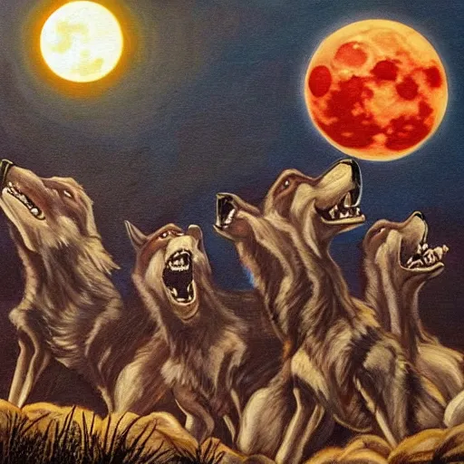 Image similar to three blood moons in the sky above a pack of howling werewolves on a forest hill, painting