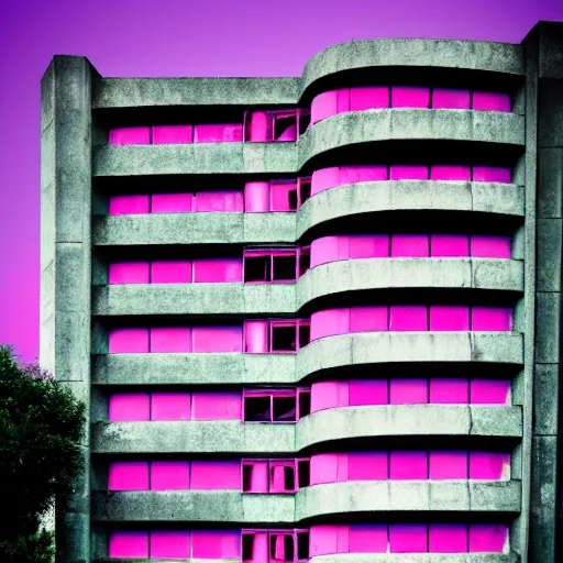 Image similar to a photo of a brutalist building with accents of pink and cyan. dark and moody.