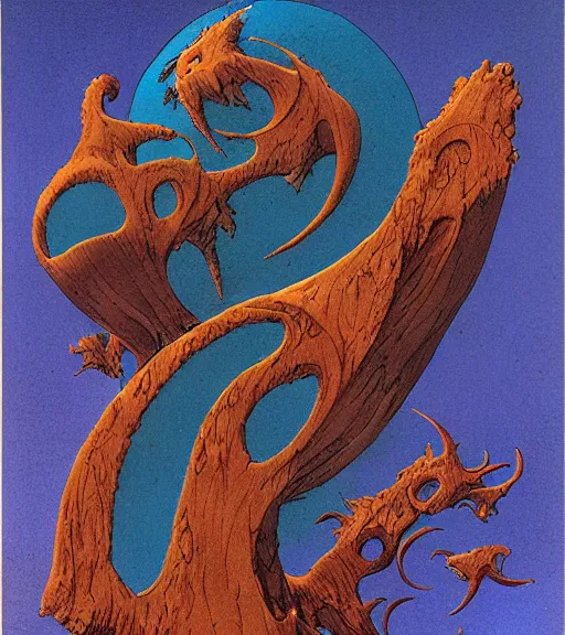 Prompt: pyrography of a Cosmic Cataclysm by Roger Dean and Moebius