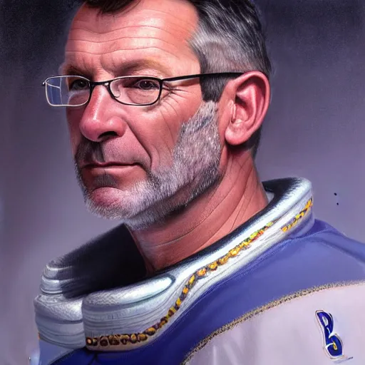 Image similar to beautiful portrait of hockey coach Clint Malarchuk, fantasy, intricate, elegant, highly detailed, digital painting, artstation, concept art, smooth, sharp focus, luxury fashion illustration, art by artgerm and greg rutkowski and alphonse mucha, brightly lit cinematic soft lighting, photorealistic