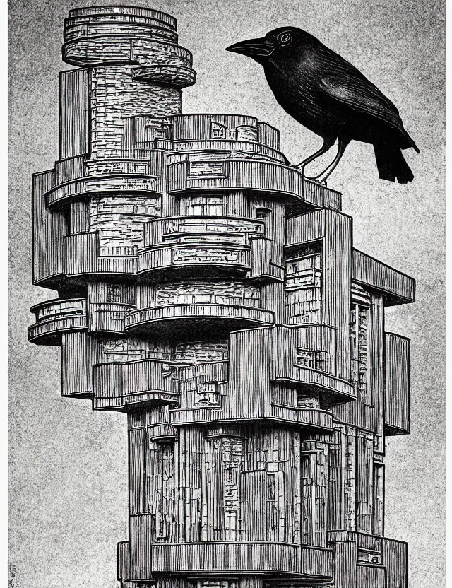 Prompt: detailed illustration of a frank lloyd wright inspired birdhouse, in the style of albrecht durer, with crows, intricate, moody, on paper