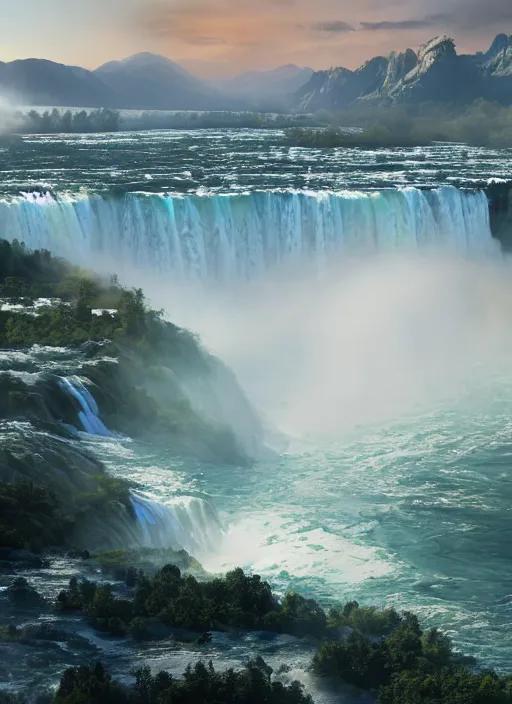 Prompt: cascade of multiple gigantic niagara falls, epic mountains in the background, early dawn, fantasy illustration, matte painting, concept art, low angle shot, volumetric lighting, volumetric atmosphere, morning mist, art by james gurney, unreal engine 5, 8 k