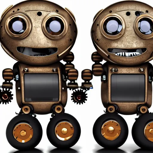 Prompt: two cute steampunk robots with human skin and large eyes smiling and waving, isolated on white background, 3D occlusion