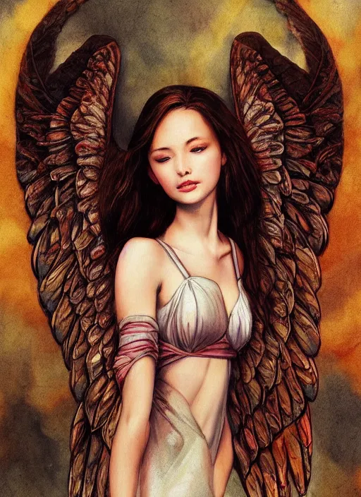 Image similar to a female angel wrapped in cloth, her wings are fallen open by her side, in a roman castle, by tran nguyen and artgerm, warm colors