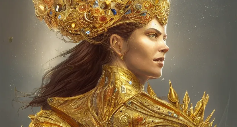 Prompt: a goddess wearing a gold Armor and precious gemstones in her crown, flowing dress, light coming from being, depth of field, concept art in the style of Daniel Dociu