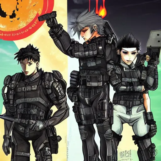 Image similar to Jetstream Sam from Metal Gear, he is standing next to Omori, Jetstream Sam and Omori standing next to each other