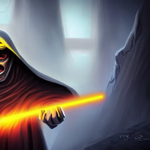 Image similar to Angry dark-side-corrupted yellow-eyed Sith Lord by Cyril Rolando, photorealistic, lifelike, hyperdetailed, 8k