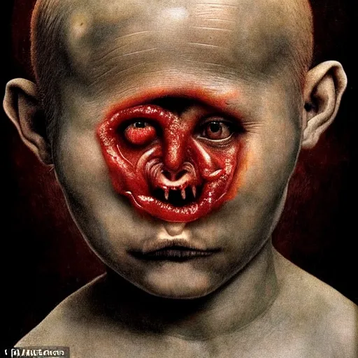 Image similar to half boy half rhino made of spaghetti and tomato sauce, looking straight into camera, screaming in pain, by giuseppe arcimboldo and ambrosius benson, renaissance, fruit, intricate and intense oil paint, a touch of beksinski and hr giger and edward munch, realistic