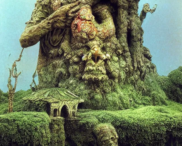 Prompt: a pagan luscious garden with amazing little altar and plants with a gigantic statue of an ancient god stretching its arms above the garden by beksinski, digital art, colorful, artstation, beksinski