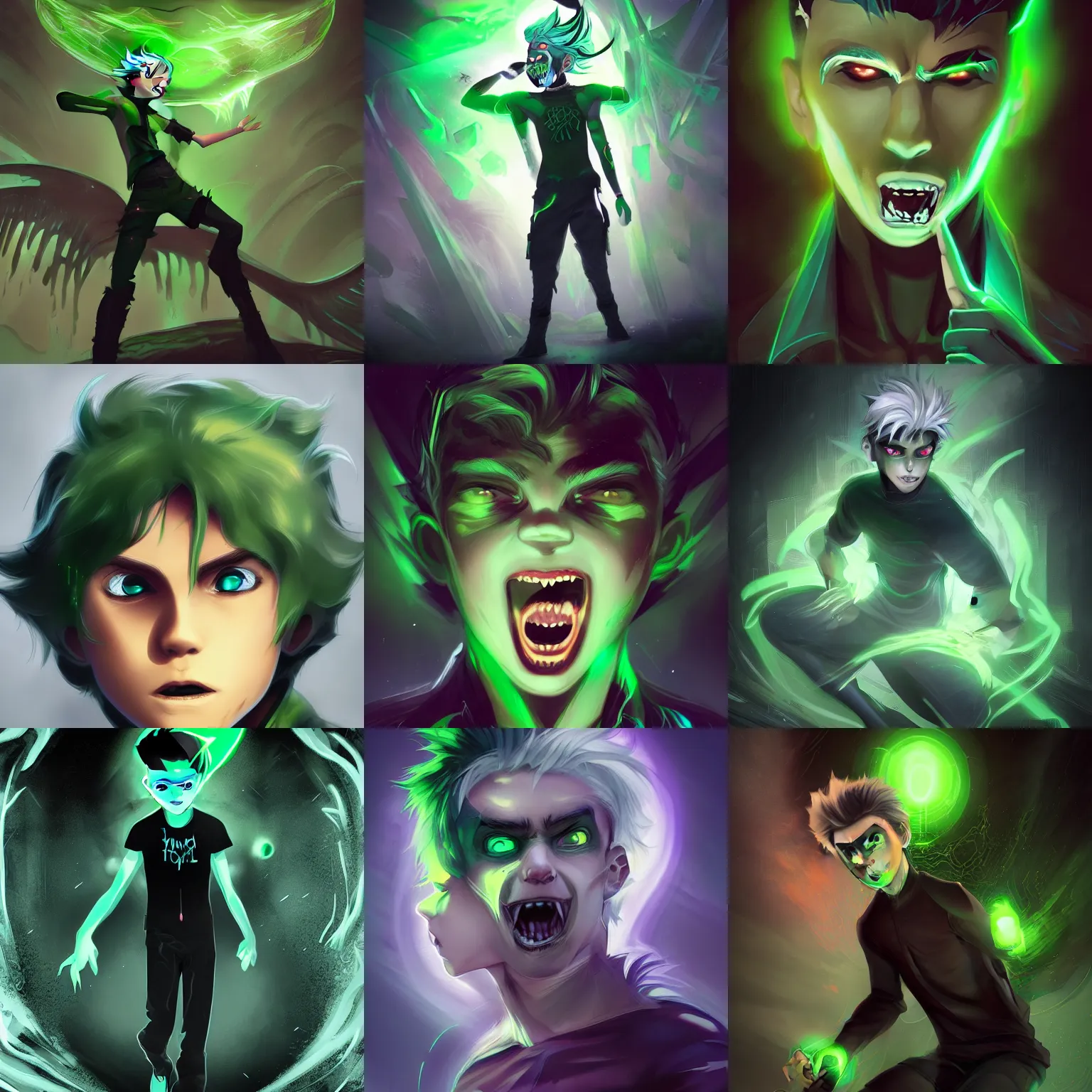 Prompt: A digital matte intricate illustration concept art of young Danny phantom with glowing green eyes and sharp teeth fangs alt art fashion inspired art by Charlie Bowater and WLOP and Mark Arian and Ross Tran + neon colors, symmetry , intricate complexity, epic composition, magical atmosphere, highly detailed, cinematic lighting + masterpiece, trending on artstation + 8k