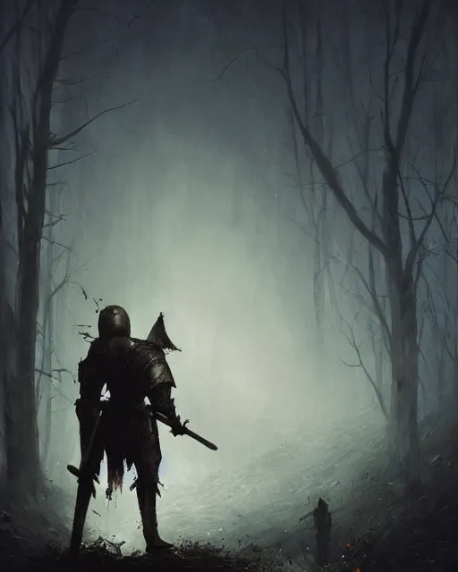 Prompt: Hyper realistic oil painting of an undead knight, knight in the foreground, fog, volumetric lighting, nighttime, moonlight, creepy, by greg rutkowski