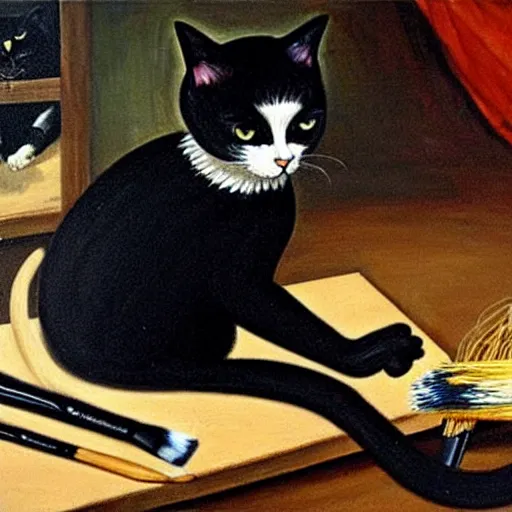 Prompt: a cat is painting with brushes, in a studio, painting the gordian knot black swan, in the technique of old masters, painting,