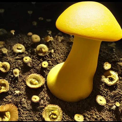 Image similar to golden teacher mushroom in backlighting to dropping spores, unreal engine, closeup