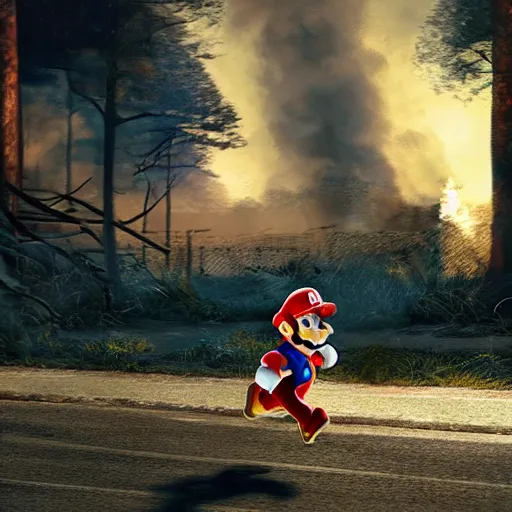 Prompt: Mario running away from the fire he set to the hospital , highly detailed, lifelike, photorealistic, sharp focus, intricate details, A24!film cinematography, unreal engine, cinematic, hyper realism, high detail, stars in sky, stars, moon,