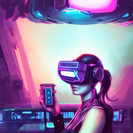 Image similar to portrait of a beautiful cybernetic raver girl wearing a oculus rift headset, cyberpunk concept art by pete mohrbacher and artgerm and wlop and deathburger and syd mead, digital art, highly detailed, intricate, sci-fi, neon colors, sharp focus, Trending on Artstation HQ, deviantart, unreal engine 5, 4K UHD image